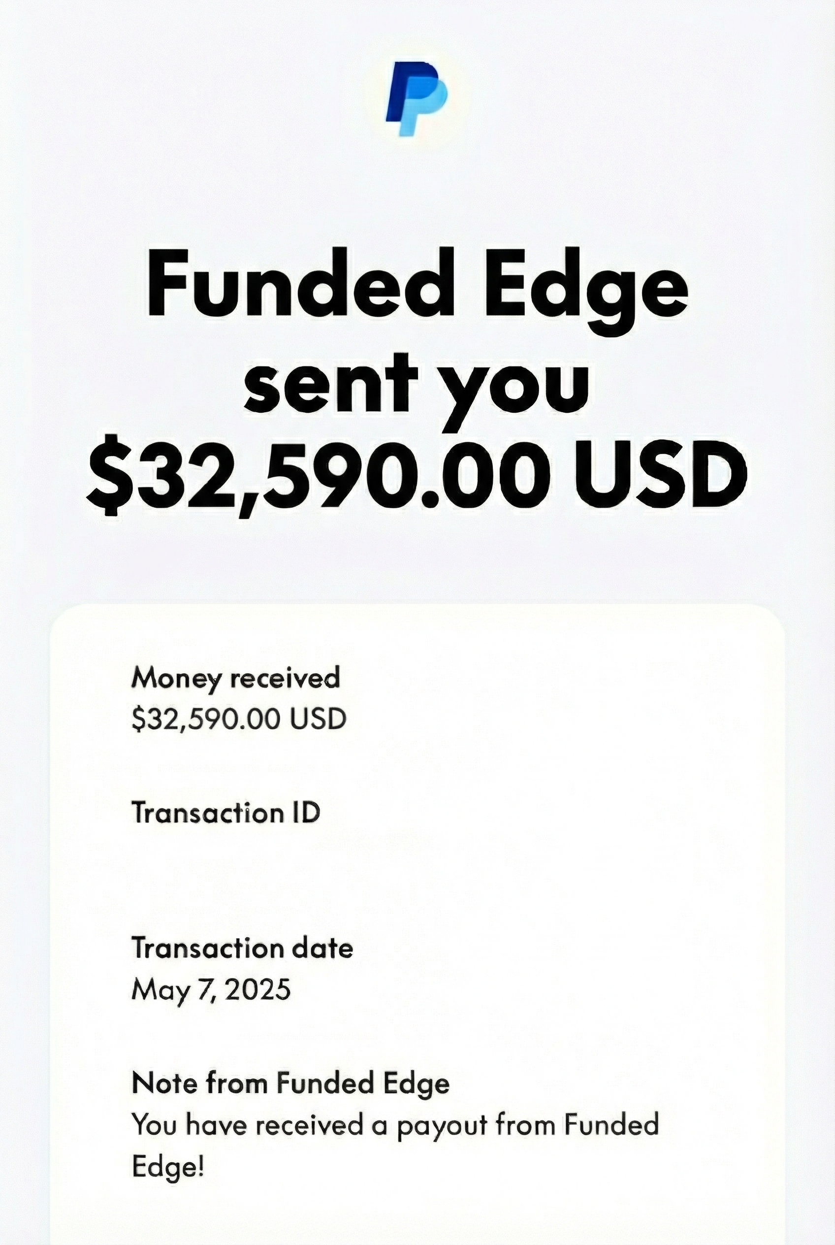 PayPal payout notification showing $32,590.00 from Funded Edge